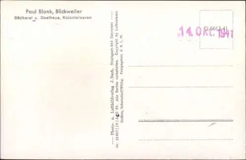 Ak Blickweiler Blieskastel, Fliegeraufnahme, Bäckerei Gasthaus, Kolonialwaren