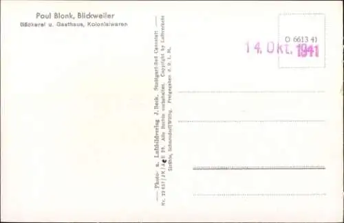 Ak Blickweiler Blieskastel, Fliegeraufnahme, Bäckerei Gasthaus, Kolonialwaren