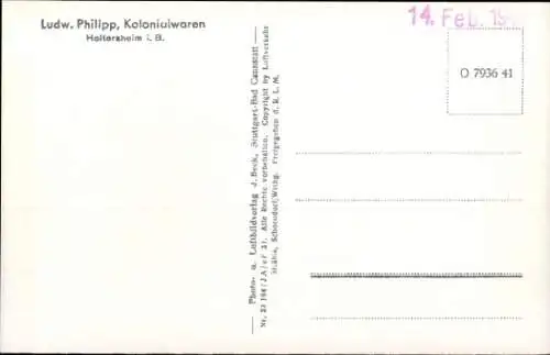 Ak Heitersheim im Schwarzwald, Fliegeraufnahme, Kolonialwaren