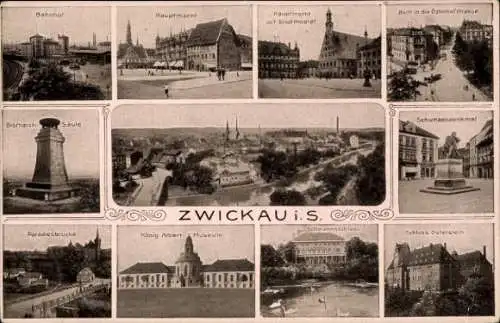 Ak Zwickau in Sachsen, Bahnhof, Hauptmarkt, Stadttheater, Schlösser, Museum, Denkmal