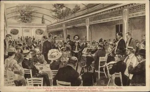 Künstler Ak Dresden, Int. Hygiene Ausstellung 1911, Bierhalle Die fidelen Biedermeier, Bierritze