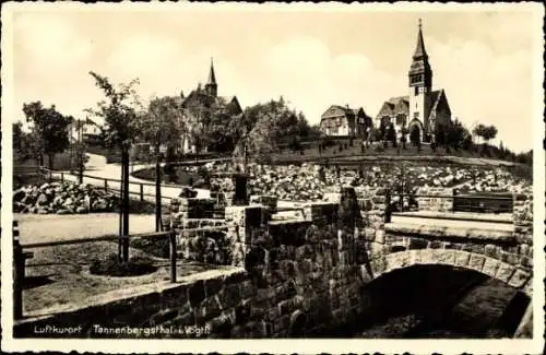 Ak Tannenbergsthal im Vogtland, Kirche, Brücke