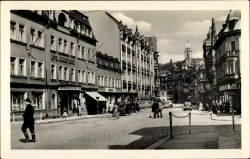 Ak Aue sächs. Erzgebirge, Bahnhofstraße mit Friedenskirche, Hotel Blauer Engel