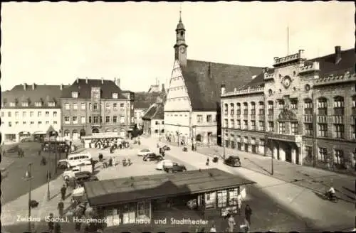 Ak Zwickau in Sachsen, Hauptmarkt mit Rathaus und Stadttheater