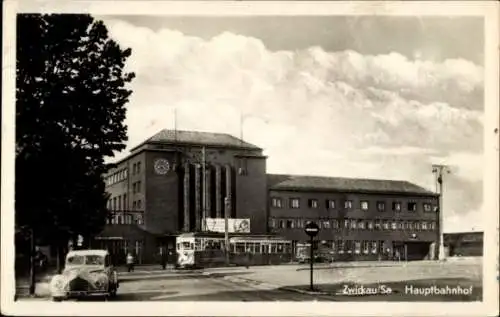 Ak Zwickau in Sachsen, Hauptbahnhof, Straßenbahn