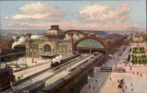 Ak Dresden Altstadt, Hauptbahnhof, Zug, Straßenbahn, Panorama