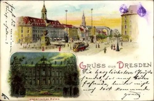 Litho Dresden Neustadt, Japanisches Palais, Straßenbahn