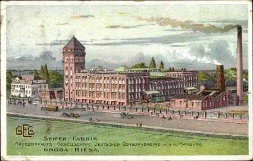 Litho Gröba Riesa an der Elbe Sachsen, Seifen Fabrik, Schornstein, Fertigungshalle