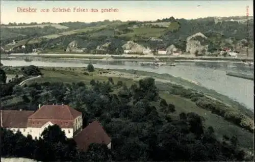 Ak Diesbar Seußlitz Nünchritz an der Elbe, Gesamtansicht vom Göhrisch Felsen aus gesehen