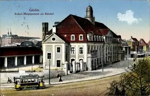 Ak Görlitz in der Lausitz, Kaiserliches Hauptpostamt am Bahnhof, Straßenbahn