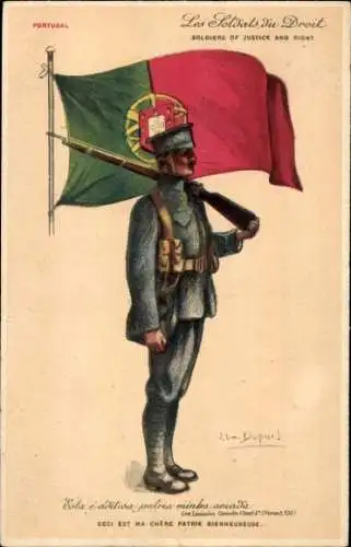 Künstler Ak Dupuis, E., Portugiesische Armee, Soldat in Uniform, Portugiesische Fahne