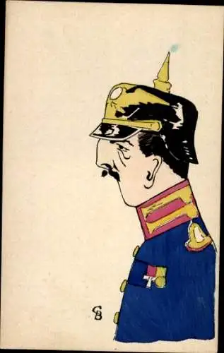 Künstler Ak Soldat in Uniform, Karikatur, Pickelhaube