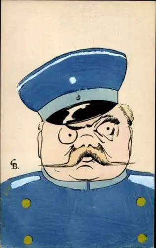 Künstler Ak Soldat in Uniform, Karikatur, Schnurrbart, General