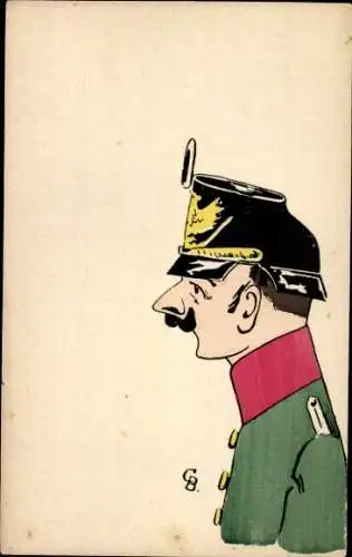 Künstler Ak Soldat in Uniform, Karikatur, Schutzhelm