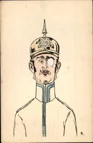 Künstler Ak Soldat in Uniform, Karikatur, Pickelhaube