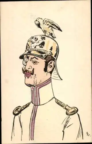 Künstler Ak Soldat in Uniform, Karikatur, Schutzhelm, Adler