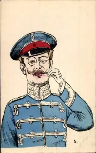 Künstler Ak Soldat in Uniform, Karikatur, Monokel