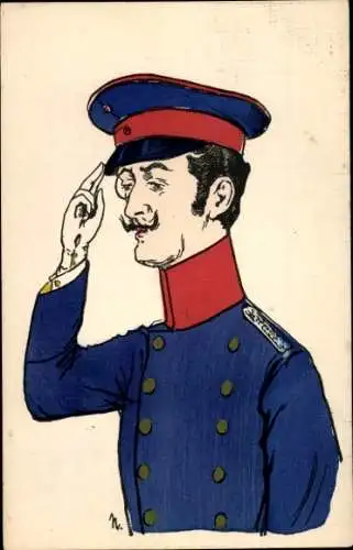 Künstler Ak Soldat in Uniform, Karikatur, Monokel