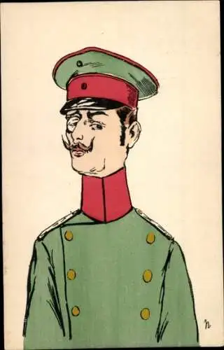 Künstler Ak Soldat in Uniform, Karikatur, Monokel