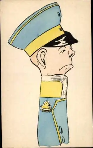 Ak Soldat in Uniform, Karikatur, Ernsthafter Gesichtsausdruck