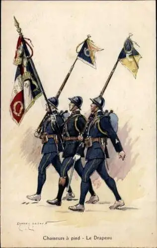 Künstler Ak Latoux, E., Chasseurs a pied, Le Drapeau