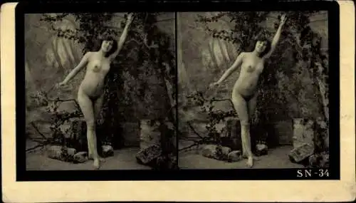 Stereo Foto Erotik, Frauenakt, stehend, Baumstämme