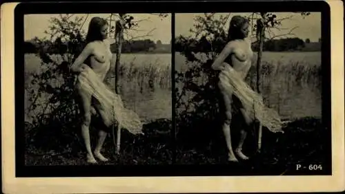 Stereo Foto Erotik, Frauenakt, am Ufer stehend, Schleier