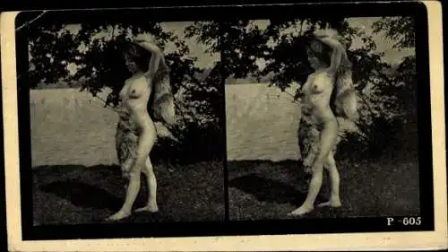 Stereo Foto Erotik, Frauenakt, am Ufer stehend, Schleier