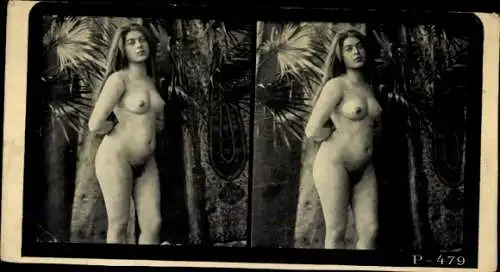 Stereo Foto Erotik, Frauenakt, stehend, Palmen