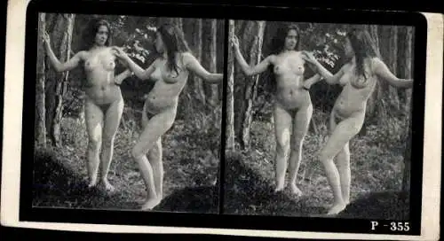 Stereo Foto Erotik, Frauenakt, zwei Frauen, in der Natur stehend