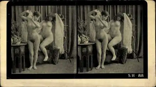 Stereo Foto Erotik, Frauenakt, zwei Frauen, stehend, sitzend