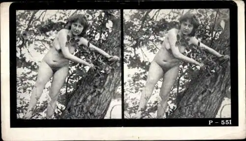 Stereo Foto Erotik, Frauenakt, auf einem Baum