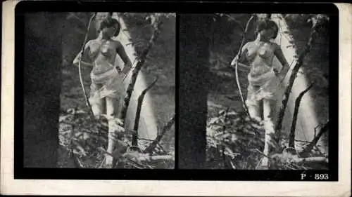 Stereo Foto Erotik, Frauenakt, stehend in der Natur, Hüfttuch