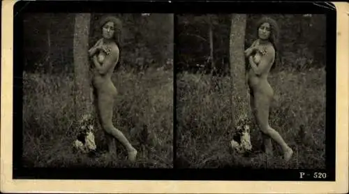 Stereo Foto Erotik, Frauenakt, stehend, an einen Baumstamm gelehnt