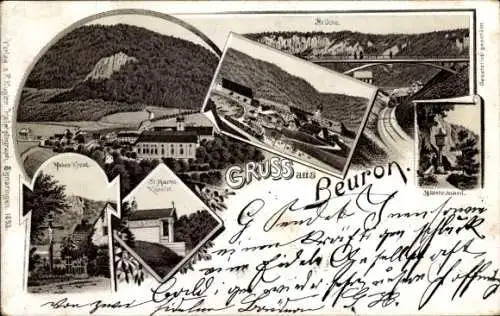 Litho Beuron Württemberg, Brücke, Hohes Kreuz, St. Maurus-Kapelle