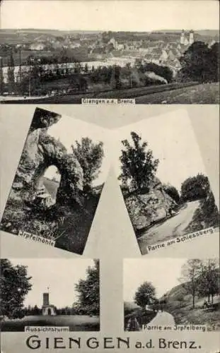 Ak Giengen an der Brenz, Gesamtansicht, Schießberg, Aussichtsturm, Irpfelberg, Irpfelhöhle