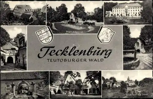 Wappen Ak Tecklenburg in Nordrhein Westfalen, Sanatorium, Markt, Wasserburg, Freilichtbühne