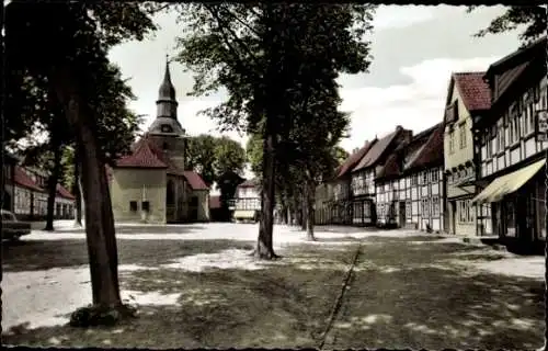 Ak Bad Essen in Niedersachsen, Markt, Kirchturm, Fachwerkhäuser