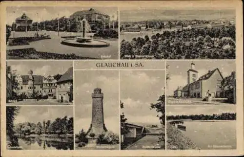 Ak Glauchau in Sachsen, Totalansicht, Bahnhof, Bismarckturm, Schloss, Gründerteich