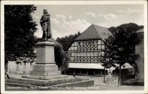 Ak Hartenstein im Erzgebirge Sachsen, Kaufhaus, Paul-Flemming-Denkmal