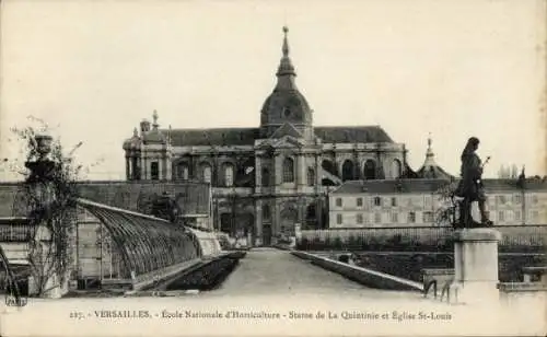 Ak Versailles Yvelines, Ecole Nationale d'Horticulture, Statue de la Quintinie, Kirche Saint Louis