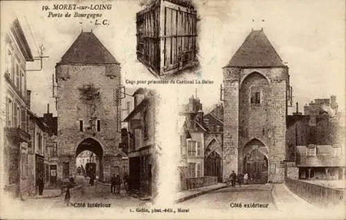 Ak Moret sur Loing Seine et Marne, Porte de Bourgogne, Cote exterieur, Cote Interieur, Cage