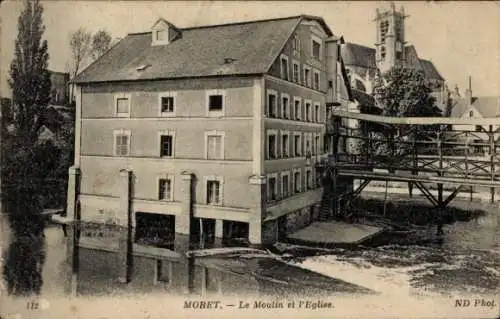 Ak Moret sur Loing Seine et Marne, Moulin, Kirche