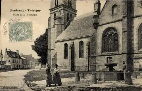 Ak Fontenay Trésigny Seine et Marne, Plave de la Fontaine, Kirche