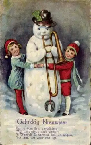 Ak Glückwunsch Neujahr, Schneemann mit Posaune, Kinder