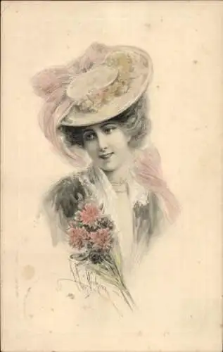 Jugendstil Künstler Ak Junge Frau in modischem Damenhut, Portrait, Munk Nr 450