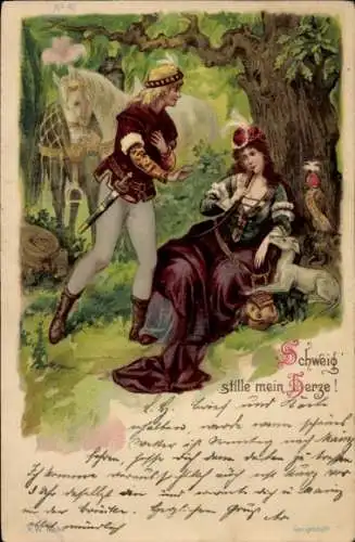 Litho Schweig stille mein Herze, Liebespaar, Pferd, Wald