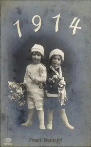 Ak Glückwunsch Neujahr 1914, Kinder, Blumen