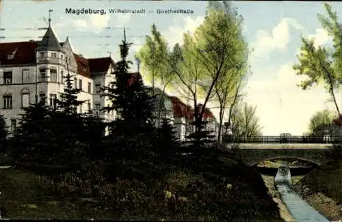 Ak Magdeburg Wilhelmstadt, Blick zur Goethestraße, Brücke, Gebäude