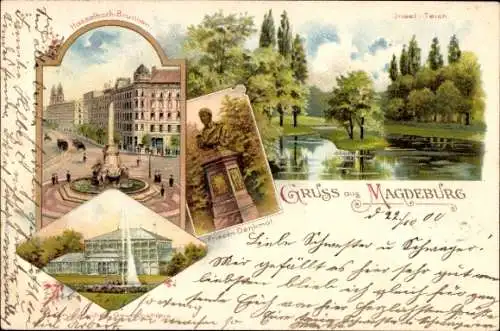 Litho Magdeburg, Grusonsches Gewächshaus, Hasselbachbrunnen, Friesendenkmal